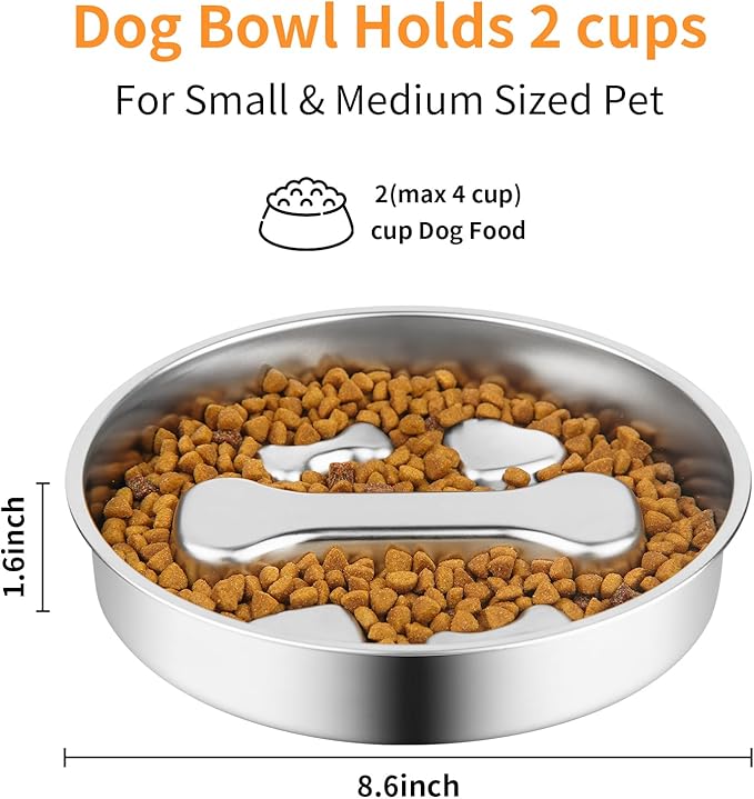 Slow Feeder Dog Bowl - 2 Cups Stainless Steel Dog Slow Feeder Food Bowl, Metal Non-Slip Lick Plate,Puppy or Cat Food Holder,Pet Supplies,Puzzle Maze Dish for Small & Medium Sized Breeds