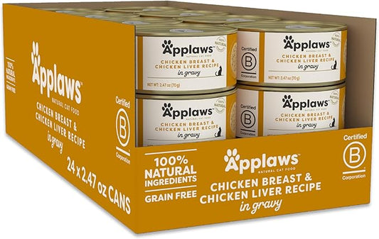 Applaws Natural Wet Cat Food in Gravy, Made with Limited and Natural Ingredients, No Artificial Additives, High Protein, Chicken & Liver in Gravy (24 x 2.47oz Cans)