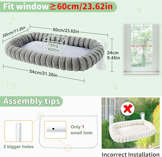 Sunhoo Cat Window Perch Bed Foldable Kitty Windowsill Hammock Shelf Seat Large Cats Suction Cup Indoor Kitten Window Sill Lounger with Soft Plush Cushion Machine Washable 21.26 * 11.8in (Grey,M)