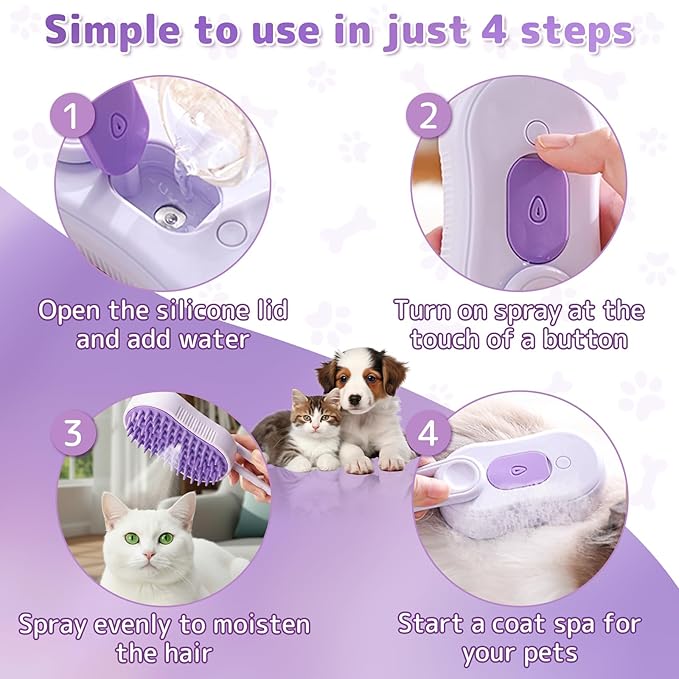 2-Pack Cat Steam Brush for Shedding, Rechargeable 4-in-1 Multifunctional Grooming Tool for Cats & Dogs - Deshedding, Cleaning, Massage & Detangling,2-Pack Pet Finger Toothbrush (Orange, Purple)