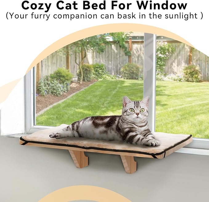 PETSFIT 2 Cats Design Window Perch, Cat Hammock Window Seat with Natural Wood &Removable Fleece Mat for Large Cats, Easy to Adjust&Assemble Cat Bed for Windowsill, Bedside and Drawer