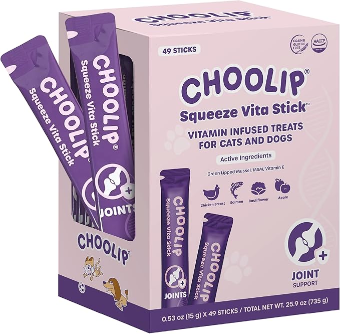 Choolip Squeeze Vita Stick Lickable Cat and Dog Treats – 49-Count Joint Support Sticks with Multivitamins, Soft Squeezable Paste for All Life Stages, Supporting Joint Health