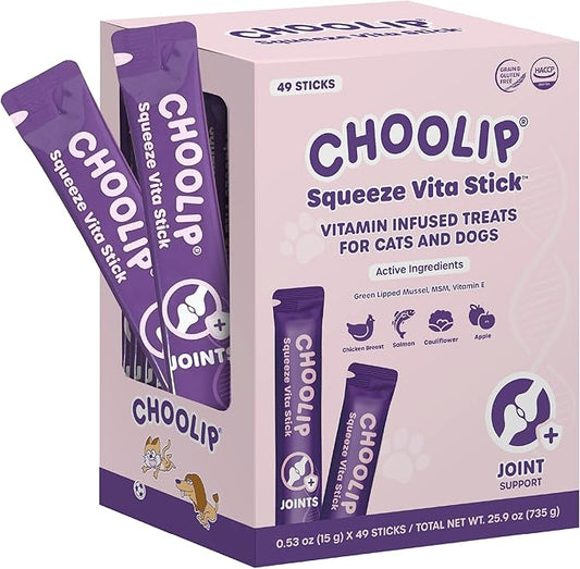 Choolip Squeeze Vita Stick Lickable Cat and Dog Treats – 49-Count Joint Support Sticks with Multivitamins, Soft Squeezable Paste for All Life Stages, Supporting Joint Health