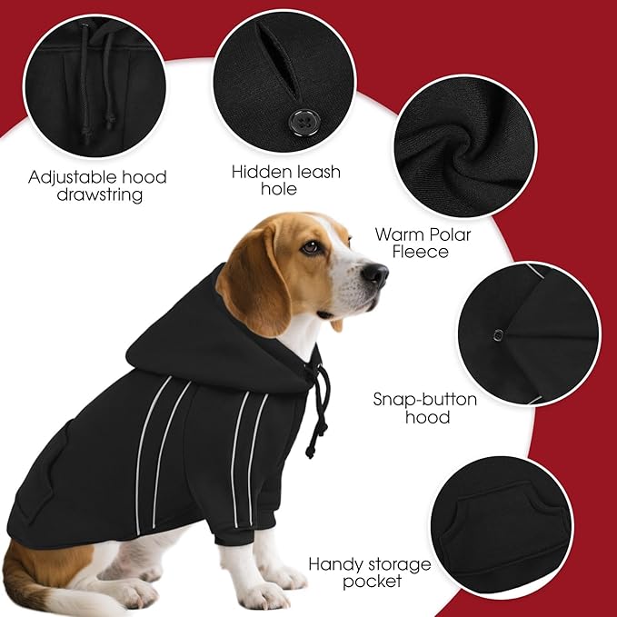 ASENKU Cozy Dog Hoodie,Soft Sweater with Adjustable Hood, Back Pocket and Leash Access Hole,Warm Reflective Sweatshirt for Cold Weather(Black,M