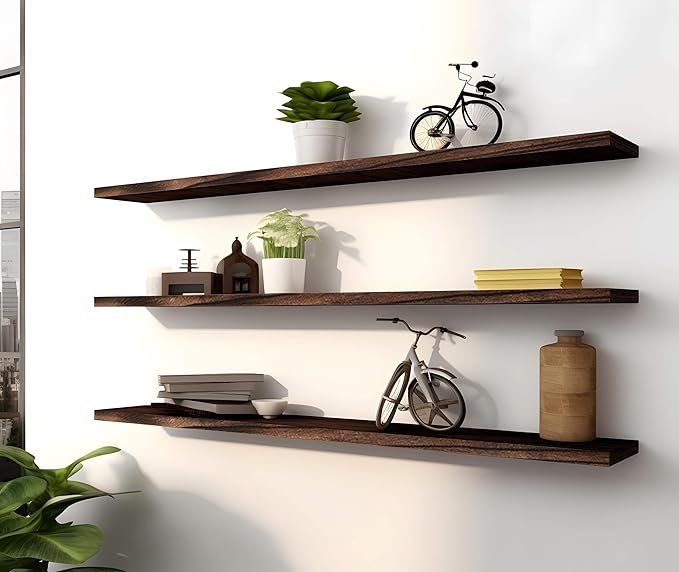 48 Inch Brown Wood Floating Shelves for Wall Rustic Wall Shelf for Bedroom Living Room Set of 4