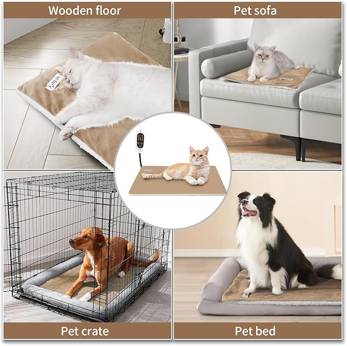 Rest-Eazzzy Heated Cat Pad, Cat Bed with Removable Cover, 5 Level Timer & Temperature, Indoor Warming Mat for Cats & Dogs (Heat Pad, Pure-Brown)