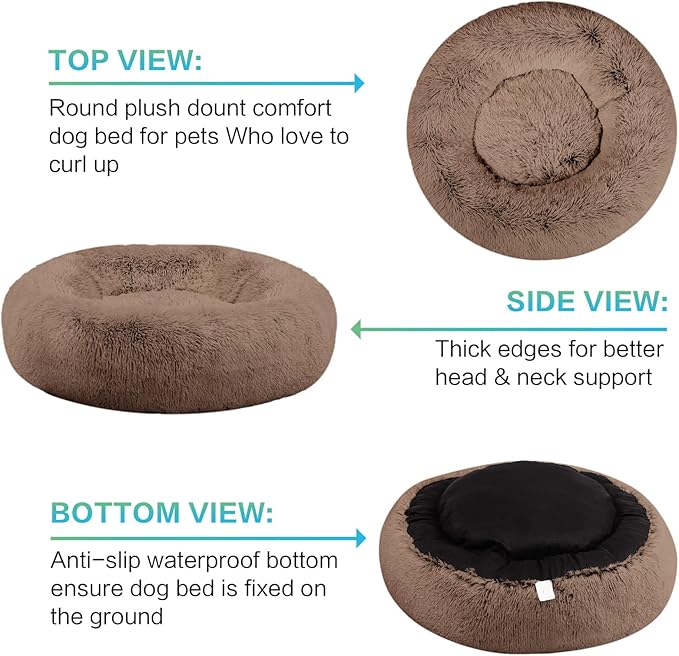 SAVFOX Plush Calming Donut Dog Beds for Small Dogs, Medium, Large & X-Large Breeds, Comfy Cuddler Dog Bed and Cat Bed in Faux Fur, Washable, Multiple Sizes S-XXL