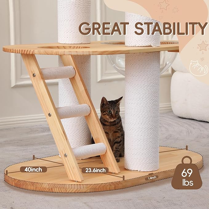 63'' Tall Solid Wood Modern Cat Tree Tower for Indoor Large Cats,Multi-Level Heavy Duty Cat Furniture with Condo Removable Cushion Sisal Scratching Posts Clear Bowl Hammock for Maine Coon