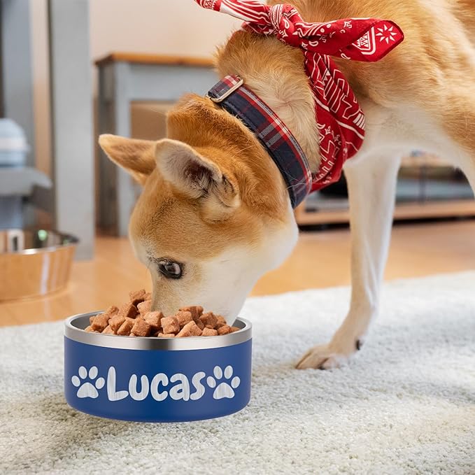 Custom Personalized Dog & Cat Bowls - Stainless Steel Non-Slip Water & Food Dishes - Easy to Clean, Dishwasher Safe - Small, Medium, Large Sizes (Blue)