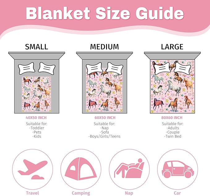 Horse Blanket for Girls Women, Soft Flannel Fleece Throw Gifts, Lightweight Cozy Pink Horse Decor Blanket 40"x50"