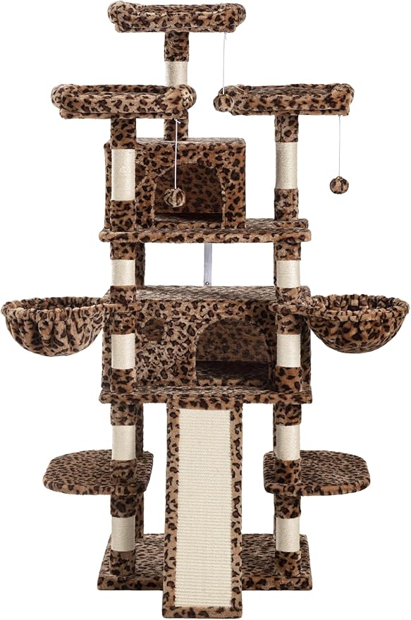 SHA CERLIN 68 Inches Multi-Level Large Cat Tree for Large Kitties/Big Cat Tower with Condo/Cozy Plush Pussycat Perches/Sisal Scratching Posts and Hammocks/Activity Center/Leopard Print