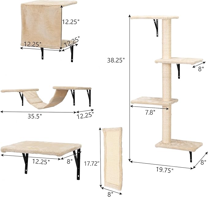 Cat Wall Shelves, Wall Mounted Cat Furniture, Cat Wall Cimber with Perches, Scratchers and Condo, Set of 5 (Beige)
