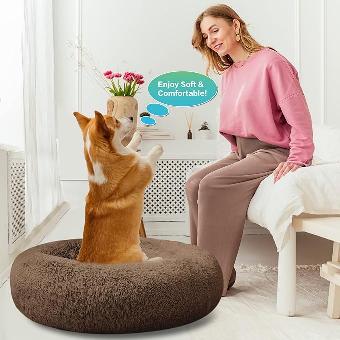 SAVFOX Plush Calming Donut Dog Beds for Small Dogs, Medium, Large & X-Large Breeds, Comfy Cuddler Dog Bed and Cat Bed in Faux Fur, Washable, Multiple Sizes S-XXL