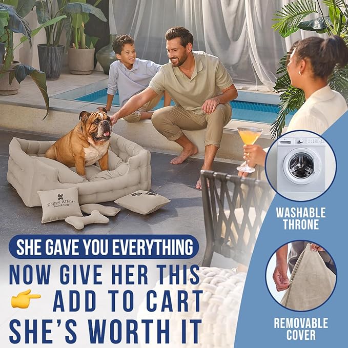 Luxury Dog Bed Chesterfield – Handcrafted Velvet Throne for Dogs | Joint Support, Calming & Temp-Regulating Comfort | Durable 5+ Years, Anti-Claw, Washable 100+ Times – L, Ivory