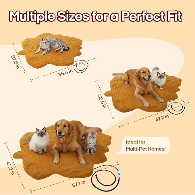 Yellow Leaf-Shaped Dog Heating pad (36"x26"), Pet Heating Pad for Dogs and Cats, Waterproof, Chew Resistant Cord, Adjustable Temperature, Machine Washable Cover,for Indoor/Outdoor Use