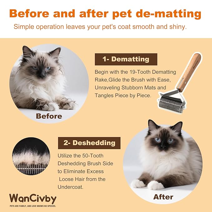 3-in-1Dematting & Deshedding Comb Undercoat Rake for Cats& Dogs,Detangling Matted Fur & Hair Remover Tool Pet Grooming Rake for Shedding and Dematting,Ergonomic beech wood handle (Square Handle)