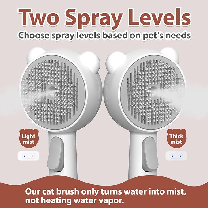Cat Steam Brush with 2 Spray Levels & Release Button, 4-in-1 IPX7 Waterproof Water Brush for Shedding Grooming, Pet Hair Removal Comb for Long Short Haired Cats Dogs, Self Cleaning Slicker