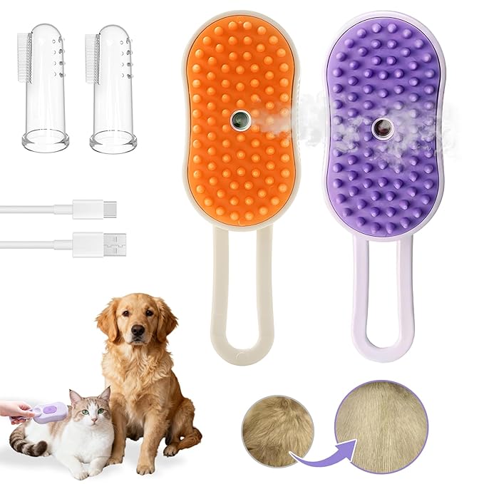 2-Pack Cat Steam Brush for Shedding, Rechargeable 4-in-1 Multifunctional Grooming Tool for Cats & Dogs - Deshedding, Cleaning, Massage & Detangling,2-Pack Pet Finger Toothbrush (Orange, Purple)