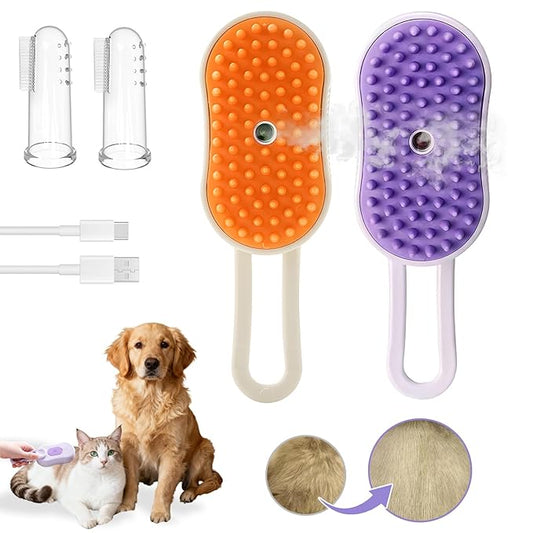2-Pack Cat Steam Brush for Shedding, Rechargeable 4-in-1 Multifunctional Grooming Tool for Cats & Dogs - Deshedding, Cleaning, Massage & Detangling,2-Pack Pet Finger Toothbrush (Orange, Purple)
