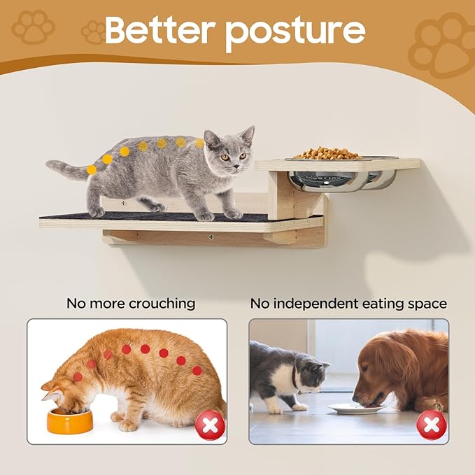 MeowHomm Cat Wall Shelves, Wood Cat Feeding Shelf with 4 Non-Slip Steps, 2 Food Bowls, Wall-Mounted Furniture for Kittens