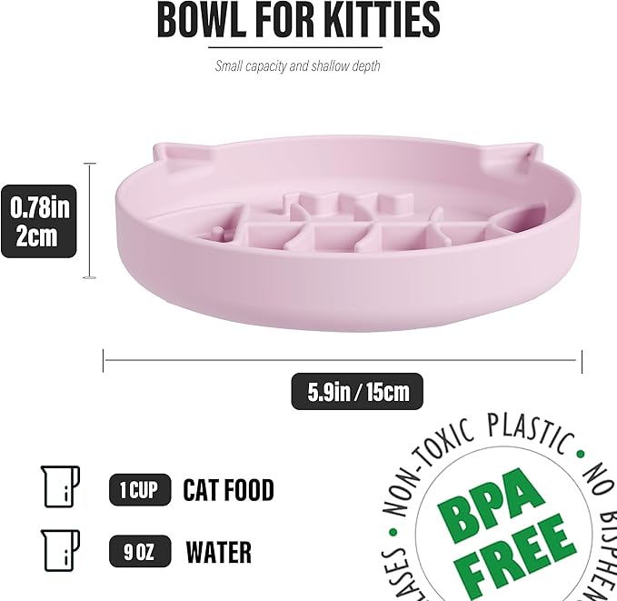 Silicone Cat Slow Feeder,Slow Feeder Cat Bowl Wet Food with Suction Cups,Kitty Interactive Toys,Effectively Reduce Overeating in Kitty (Gray+Pink, 1 Cup)