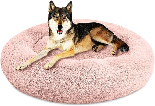 SAVFOX Plush Calming Dog & Cat Bed - Donut Shaped, Multiple Sizes S-XXL, Comfortable Cuddler in Washable Faux Fur