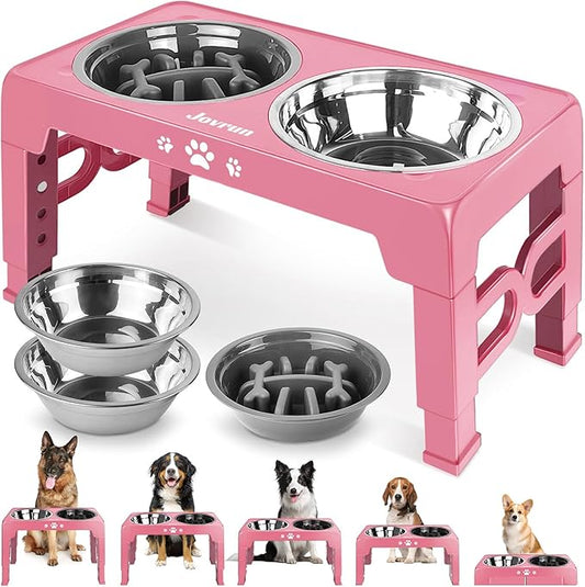 Elevated Dog Bowls, Dog Feeder with 2 Stainless Steel Dishes &1 Slow Feeder Bowl, 5 Heights Adjustable Raised Stand for Medium Large, Food Dishes with Non-Slip Feet
