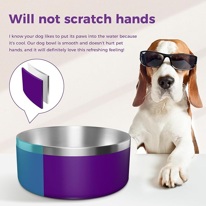 Dog Bowl, Stainless Steel Dog Food and Water Bowl with Non Slip Quiet Bottom, Easy to Clean, Dishwasher Safe, 40oz, Purple