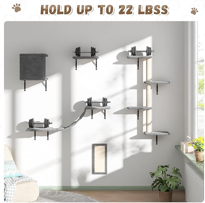 Cat Wall Shelves, Wall Mounted Cat Furniture, Cat Wall Cimber with Perches, Scratchers and Condo, Set of 5 (Grey)