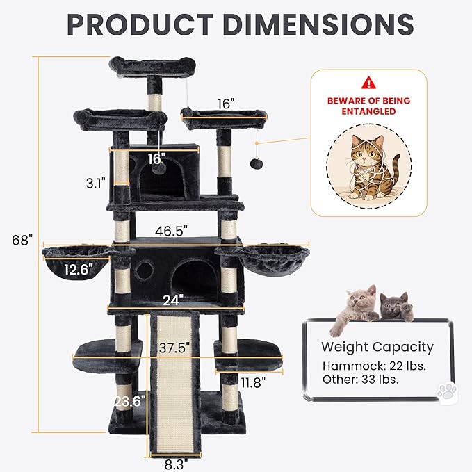 SHA CERLIN 68 Inches Multi-Level Large Cat Tree for Large Kitties/Big Cat Tower with Condo/Cozy Plush Pussycat Perches/Sisal Scratching Posts and Hammocks/Activity Center/Dark Grey