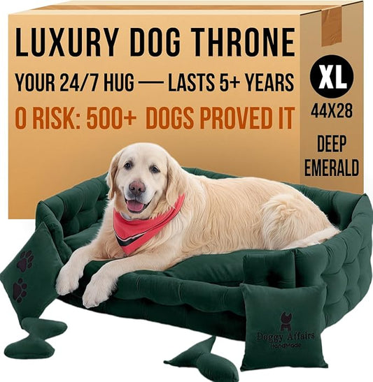 Luxury Dog Bed Chesterfield – Handcrafted Velvet Throne for Dogs | Joint Support, Calming & Temp-Regulating Comfort | Durable 5+ Years, Anti-Claw, Washable 100+ Times – XL, Green