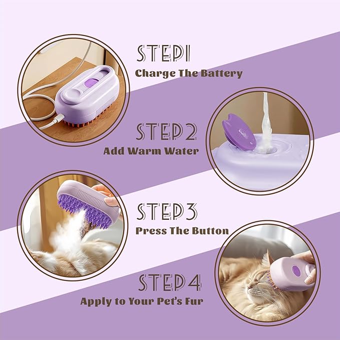 Cat Brush Cat Steam Brush Rechargeable Steamy Pet Grooming For Shedding, Water Spray Massage Brushs, Dog Hair Removal Self Cleaning Brushs Steamer Wet Spa Comb (Purple)