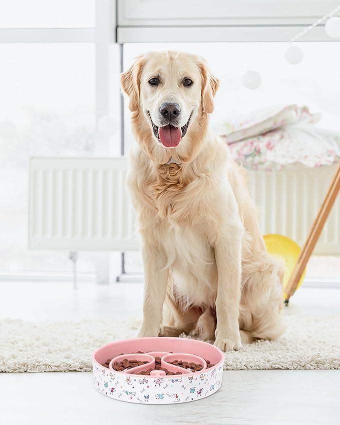 Slow Feeder Dog Bowl, Ceramic Dog Bowls 1.5 Cups Interactive Puzzle Feeder for Fast Eaters, Prevent Bloat & Choking, for Small Medium Large Dogs, Pink 