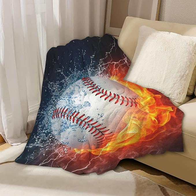 Baseball Blanket Throw Blanket for Boy & Kids, Warm Soft Flannel Blanket, Lightweight Sport All Season Blanket for Couch Bed Sofa Home Decor (40"x 50", White Ball in Fire and Water)