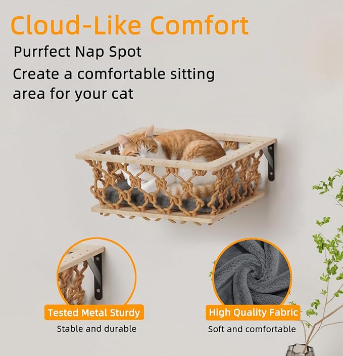 5-in-1 Cat Wall Shelves Set with Hammock, Wall-Mounted Cat Furniture Includes Condo, Bridge, Ladder & Steps for Indoor Cats, Safe & Stable (Gray)