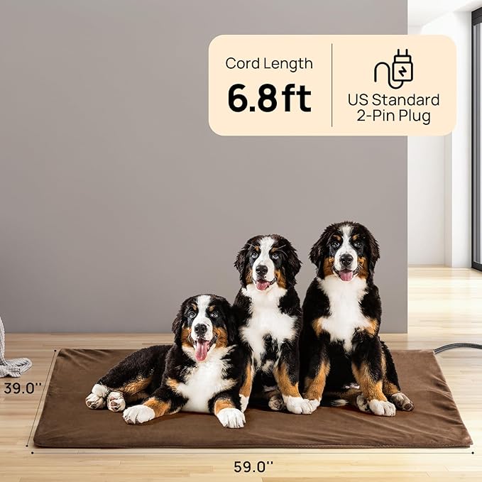 TURBRO 59x39” XXX-Large Pet Heating Pad, Electric Heated Dog Bed for Large Breeds, Temperature and Timer Control, Anti-Bite Cord, Ultra-Soft and Anti-Slip Cover, Indoor Use, MET Certified, Brown