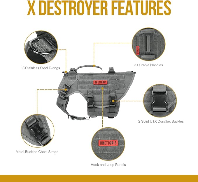 OneTigris Large Tactical Dog Harness, No Pulling Adjustable Dog Vest Harness, Heavy Duty Dog Harness with Handle, Large Hook and Loop Panels for Patch