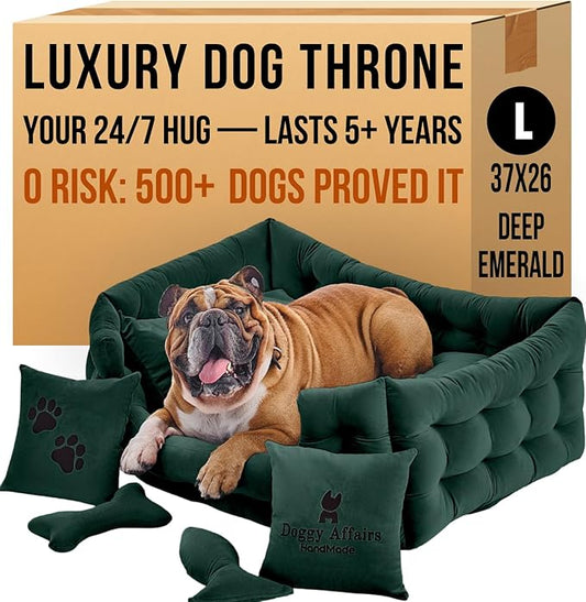 Luxury Dog Bed Chesterfield – Handcrafted Velvet Throne for Dogs | Joint Support, Calming & Temp-Regulating Comfort | Durable 5+ Years, Anti-Claw, Washable 100+ Times – L, Green