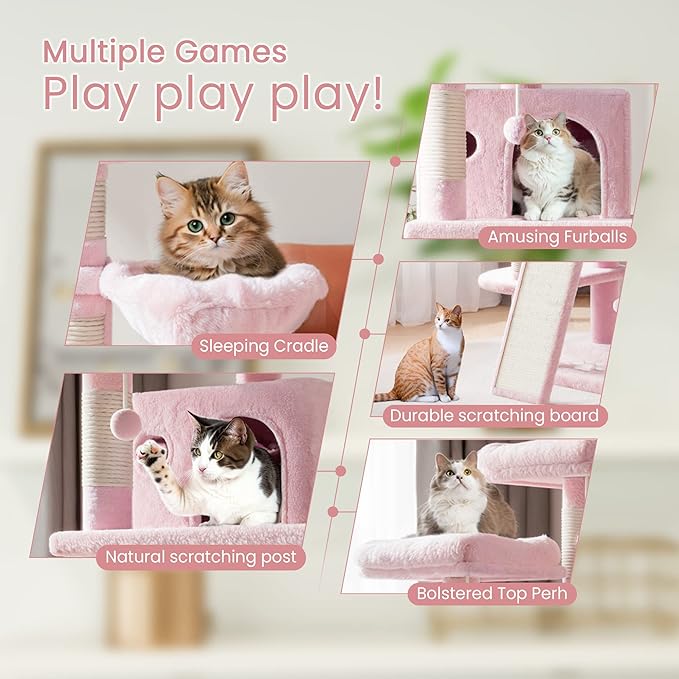 SHA CERLIN 68 Inches Multi-Level Large Cat Tree for Large Kitties/Big Cat Tower with Condo/Cozy Plush Pussycat Perches/Sisal Scratching Posts and Hammocks/Activity Center/Pink
