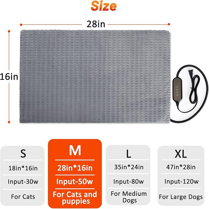 Heated Cat Bed, Waterproof Heated Cat Dog Bed with Adjustable Temperature & Timer, Electric Pet Mat for Indoor Cats Dogs, Chew Resistant Steel Cord(Medium : 28"x20" Gray)