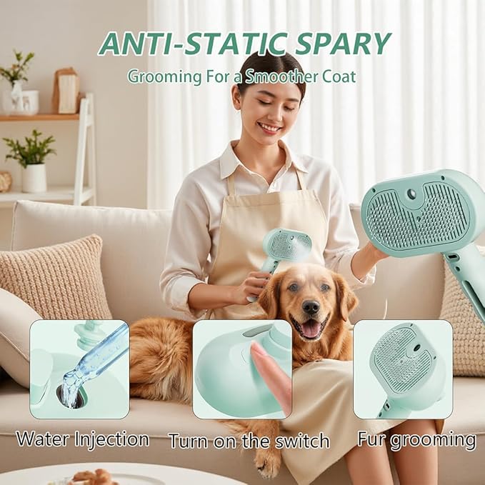 Pet Steam Brush for Dog and Cat,3 in 1 Spray Hair Removal Comb,Steam for Shedding & Grooming,Water Brush for Long and Short Haired Pets Remove Tangled Loose Hairs (Green)