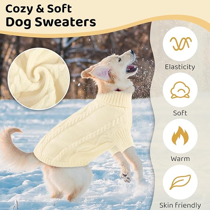 Queenmore Small Dog Pullover Sweater, Cold Weather Cable Knitwear, Classic Turtleneck Thick Warm Clothes for Chihuahua, Bulldog, Dachshund, Pug (White, X-Large)