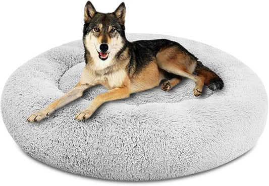 SAVFOX Plush Calming Donut Dog Beds for Small Dogs, Medium, Large & X-Large Breeds, Comfy Cuddler Dog Bed and Cat Bed in Faux Fur, Washable, Multiple Sizes S-XXL