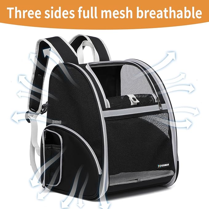 Cat Backpack Carrier Pet Backpack Carrier for Small Dogs and Medium cat Puppy Kitten Bunny up to 15lbs, Cat Carrying Backpack Collapsible with Fully Ventilated Mesh with Safety Leash (Black)