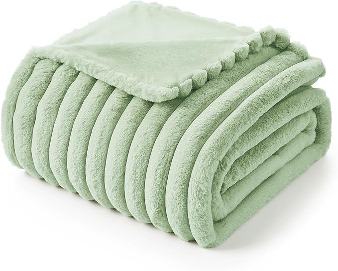 Amélie Home Faux Fur Throw Blanket for Couch, Cozy Fuzzy Fluffy Fur Luxurious Soft Striped Plush Gift Blankets for Family Sofa Chair Bedroom, 55"x70", Sage Green