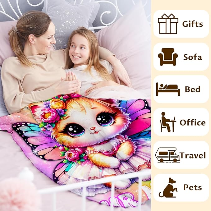 Girls Blanket Personalized Cat Throw Blankets for Kids Teens, 50x60 Inches Lightweight Soft Cute Custom Rainbow Print Throw for Sofa Couch Living Room Bed