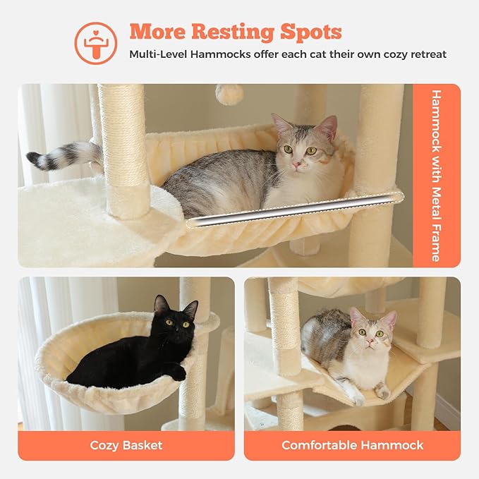 81 Inches Tall Cat Tree for Indoor Cats Large Adult - Multi-Level Cat Tower with Large Metal Frame Hammock, 2-in-1 Scratching Ramp, 2 Top Perches, 2 Cozy Condos & 6 Scratching Posts - Beige