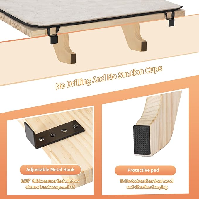 PETSFIT Window Perch, Cat Hammock Window Seat with Natural Solid Wood&Removable Fleece Mat,Safety Sturdy Cat Bed for Windowsill, Bedside and Drawer