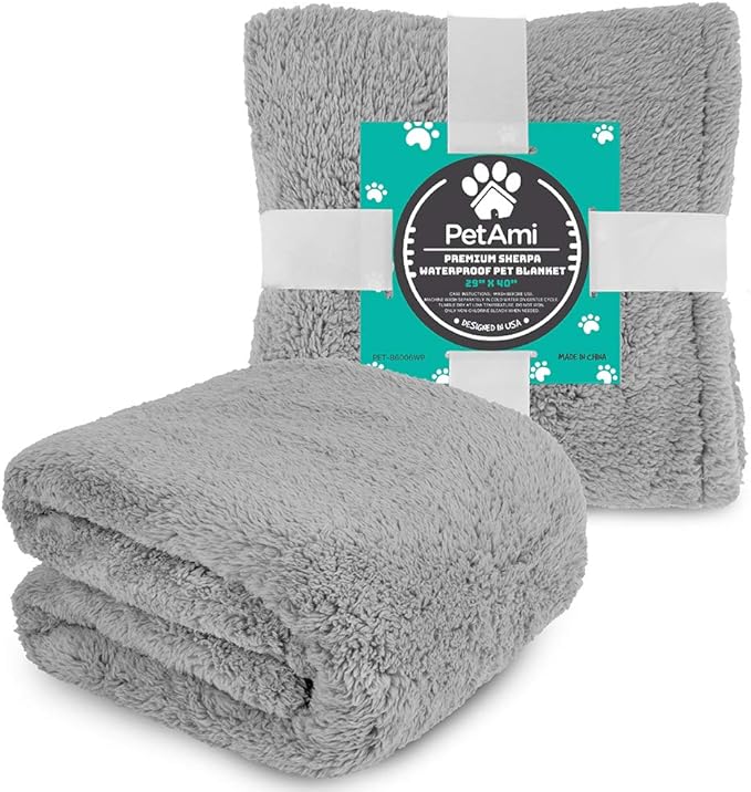 PetAmi Fluffy Waterproof Dog Blanket for Small Medium Dogs, Soft Warm Pet Sherpa Throw Pee Proof Couch Cover, Reversible Cat Puppy Bed Blanket Sofa Protector, Plush Washable Pad (Light Grey, 29x40)