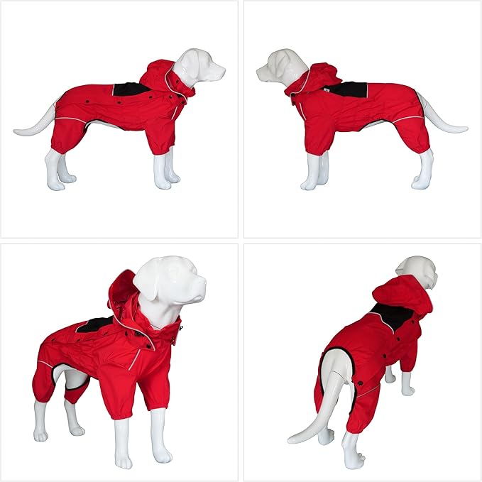 LOVELONGLONG Fleece-Lined Dog Raincoat with Removable Hood – Waterproof Winter Full Body Dog Jacket – Windproof Snowproof Cold-Weather Suit – Red-F L